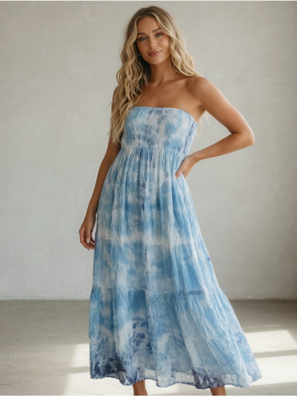 Raviya Strapless Blue Tie-Dye Maxi Dress